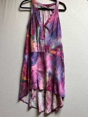 Charlie Jade Purple Abstract 100% Silk hi lo dress Sz S